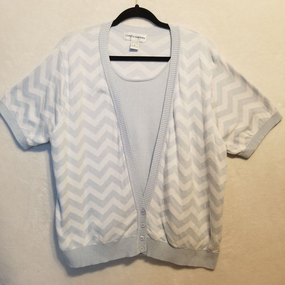 Cathy Daniels XL Sweater Short Sleeve  Blue White Chevron Built In Shell Vintage